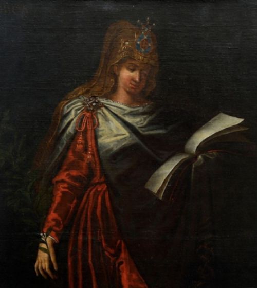 A pair of eighteenth-century oil paintings depicting the Cumaean and Delphic Sibyls wearing classical drapery, set within carved giltwood frames. View V