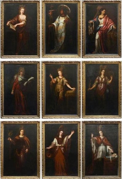 A pair of eighteenth-century oil paintings depicting the Cumaean and Delphic Sibyls wearing classical drapery, set within carved giltwood frames. View VI