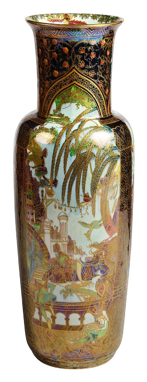 A tall Art Deco porcelain vase featuring iridescent lustre glazing, fairy tale illustrations, and intricate gold architectural borders. View II