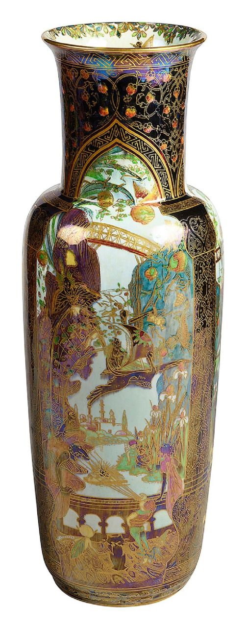 A tall Art Deco porcelain vase featuring iridescent lustre glazing, fairy tale illustrations, and intricate gold architectural borders. View VII