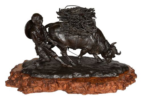 Japanese Bronze Woodsman + Buffalo, Meiji Period. 68cm