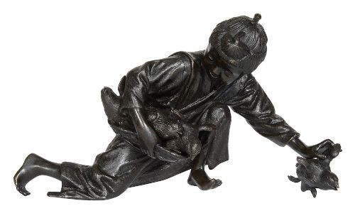 Japanese Bronze Girl, Gathering Up Chickens. Circa 1890.