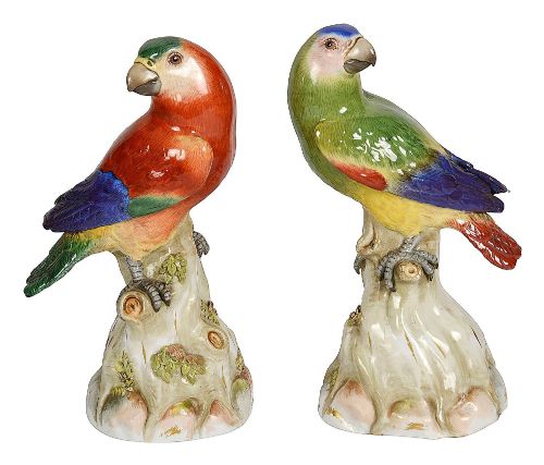 Pair Late C19th Meissen Parrots, 24cm