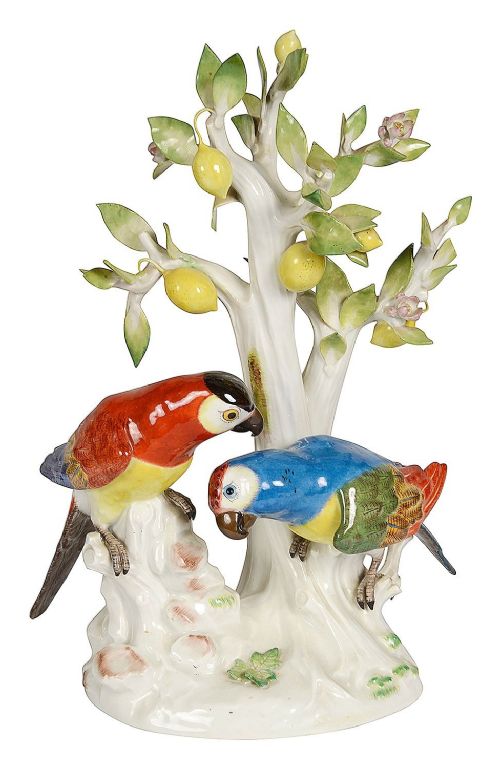 Pair Meissen Parrots Under a Lemon Tree, C19th. 41cm
