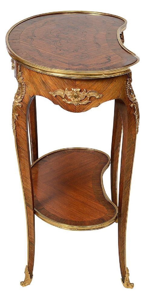 A kidney-shaped French marquetry side table featuring cabriole legs, an lower tier shelf, and metal edge mounts. View VI