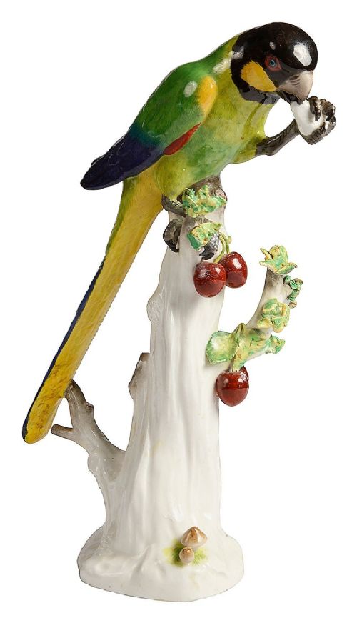 Meissen Parrot, perched on a tree trunk, C19th 26cm