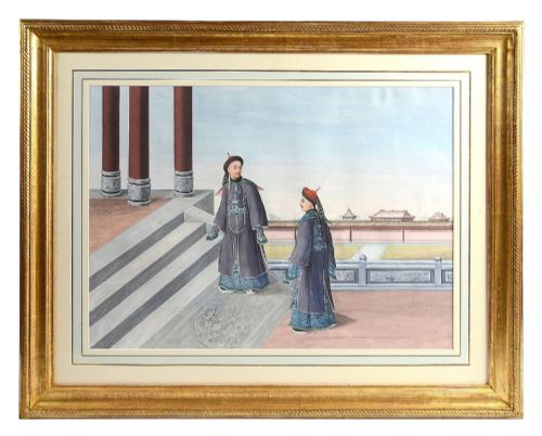 fig 1. A set of four framed Chinese Canton watercolour paintings depicting figures in Qing dynasty attire positioned within traditional architectural interiors and courtyards, presented in gilded frames.