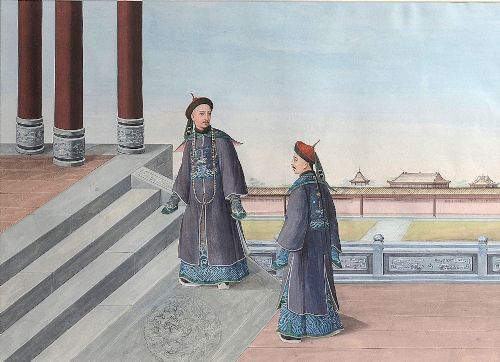 fig 2. A set of four framed Chinese Canton watercolour paintings depicting figures in Qing dynasty attire positioned within traditional architectural interiors and courtyards, presented in gilded frames.