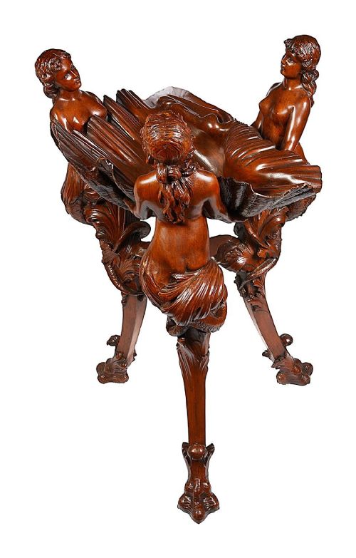 An 18th-century style carved walnut jardiniere featuring three mythical figures supporting a large shell basin on a tripod base. View V