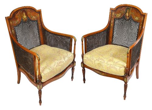 Pair Sheraton Revival Satinwood Bergere Library Chairs, 1890