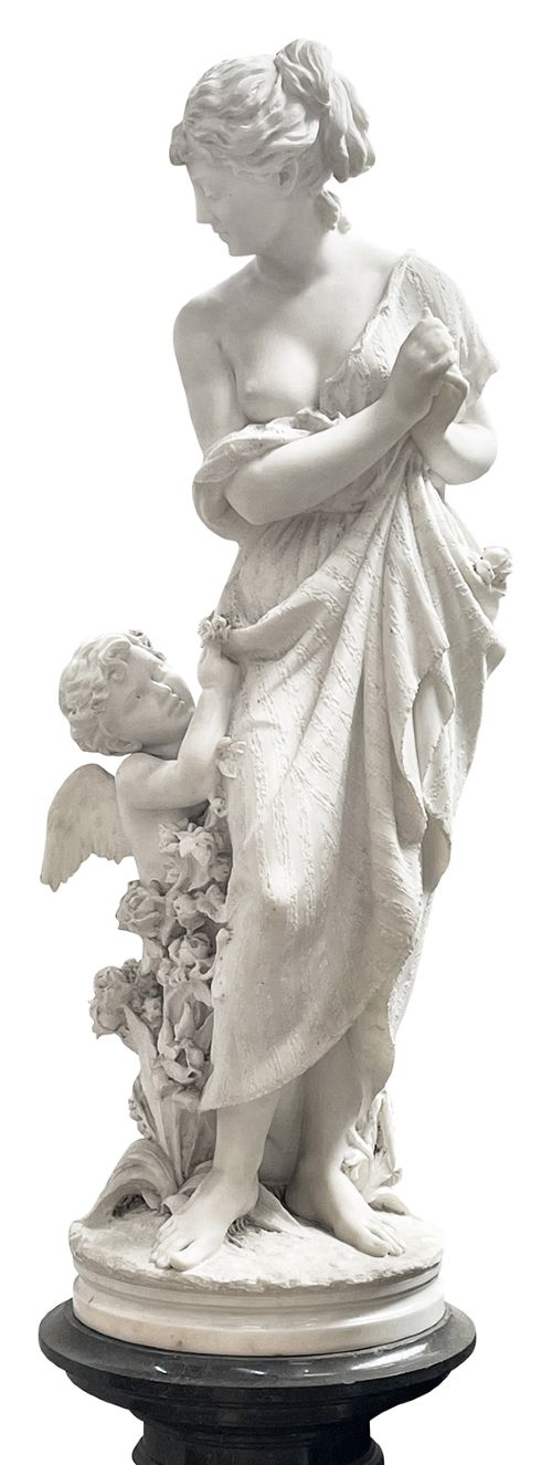 Large Carrara Marble Statue of Psyche and Putti by Romanelli, 19th Century.