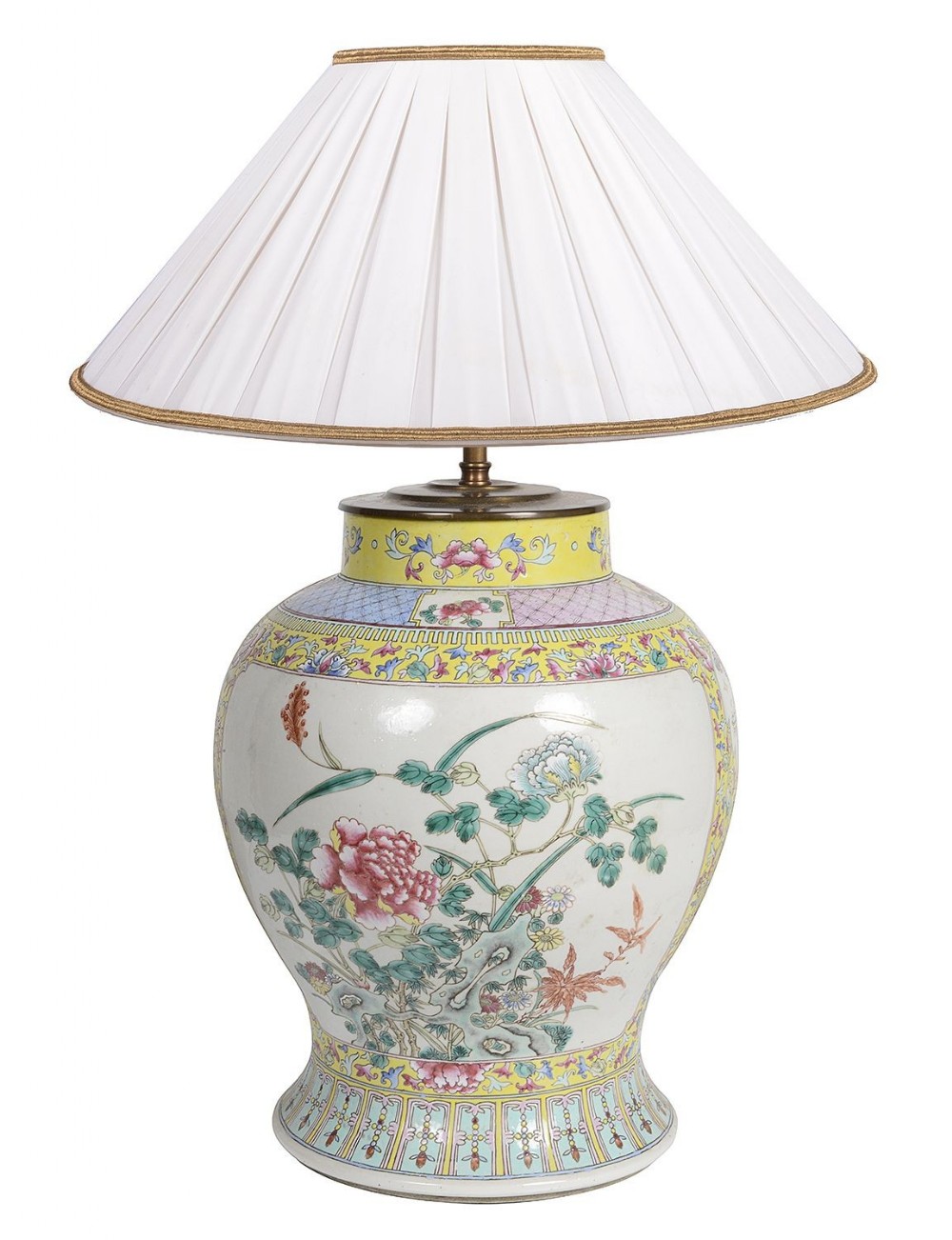 A nineteenth-century Chinese Famille Rose porcelain vase lamp featuring hand-painted floral motifs and topped with a pleated white shade.