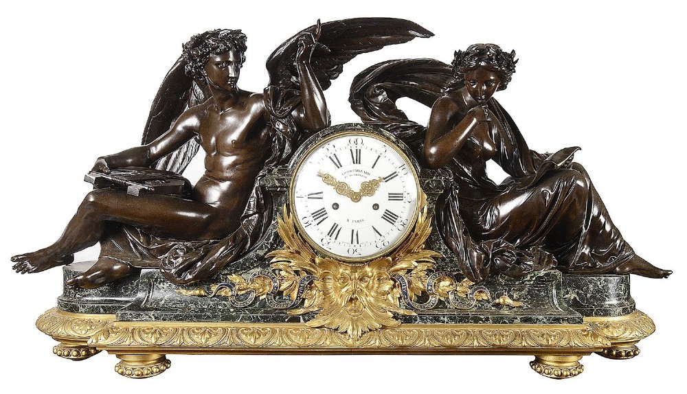 A nineteenth-century French bronze and gilt-bronze mantel clock featuring two allegorical figures seated beside a dial on a green marble base.