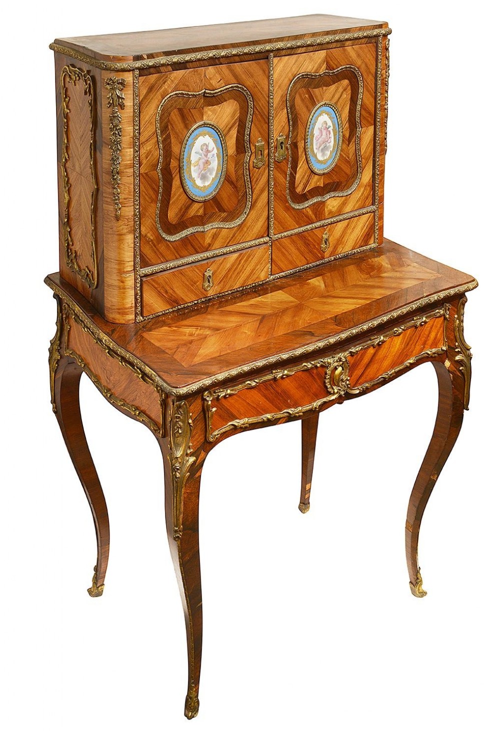 A 19th-century French kingwood bonheur du jour with parquetry veneering, gilt-bronze mounts, cabriole legs, and an upper cabinet set with oval porcelain plaques.