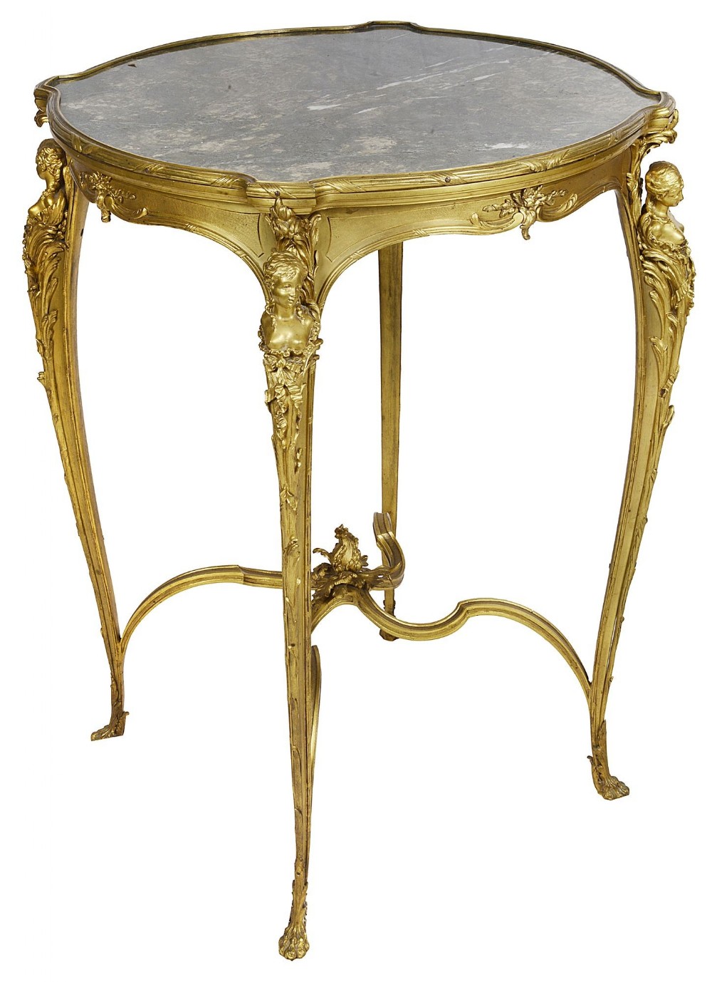 A French gilt-bronze gueridon with a shaped grey marble top, four slender cabriole legs decorated with female busts, and a central X-form stretcher.