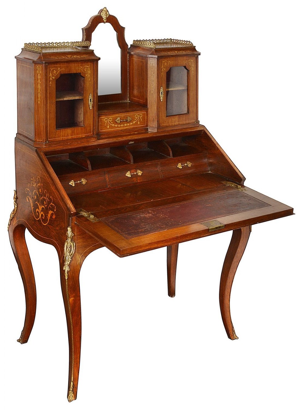 A late 19th-century French marquetry ladies bureau with cabriole legs, drop-down writing slope, mirrored superstructure, glass cabinet doors, and brass mounts.