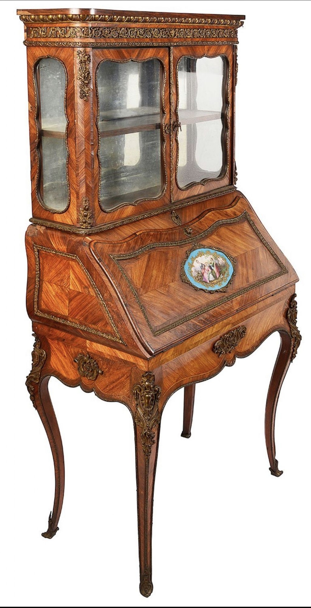 A 19th-century French ladies writing bureau crafted with parquetry wood veneer, featuring a slant front with a central painted porcelain medallion, cabriole legs with ormolu mounts, and a upper glazed cabinet.