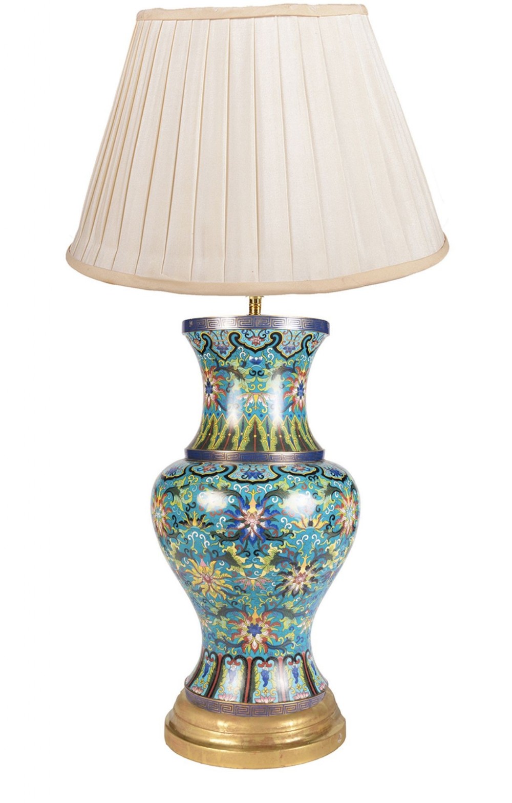 A late nineteenth-century Chinese cloisonne vase converted into a table lamp, featuring colourful floral enamel scrolling motifs on a turquoise ground and topped with a cream pleated shade.