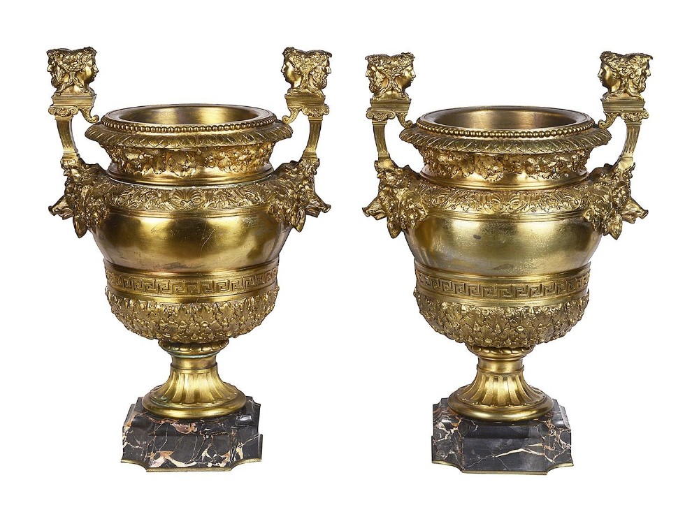 Pair classical 19th Century Ormolu urns. after Balling for Versailles