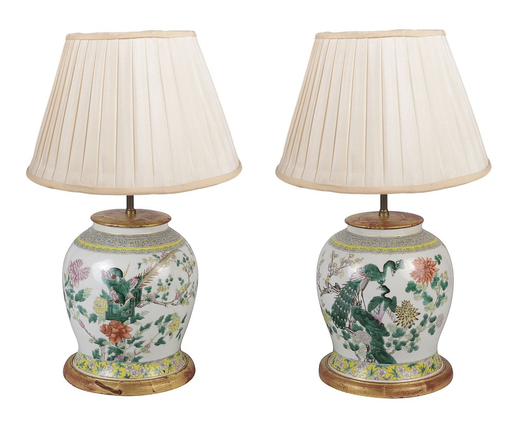 Pair 19th Century Chinese Famille Rose vases / lamps.