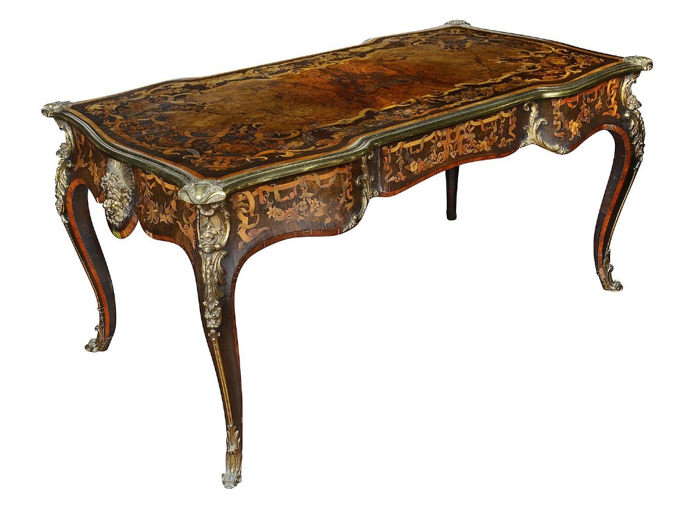 Fine marquetry bureau plat, after Edward Holmes Baldock