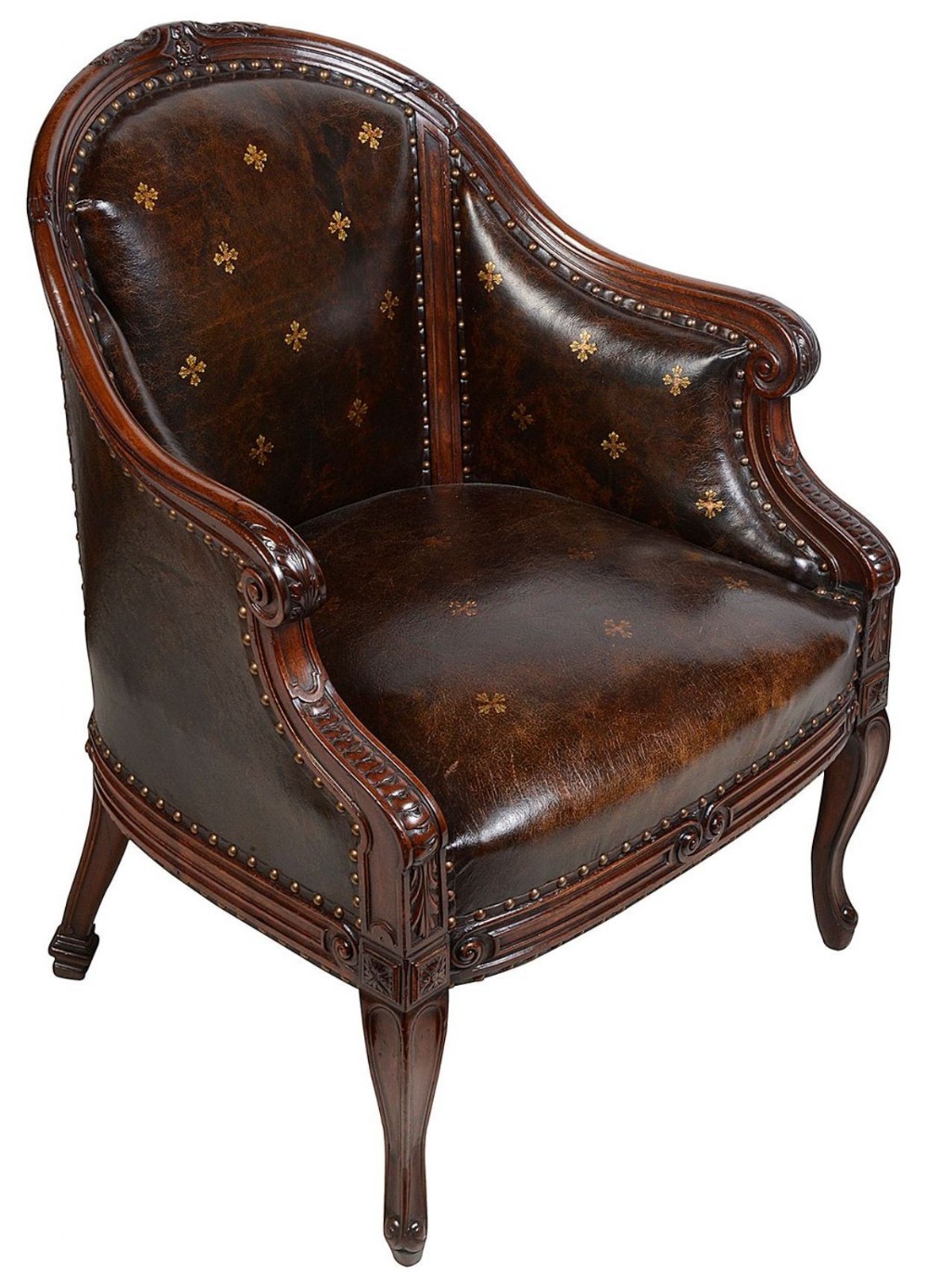 A French Louis XVI style dark brown leather bergere library chair featuring a carved wooden frame, brass stud trim, and small gold star motifs across the leather backrest.