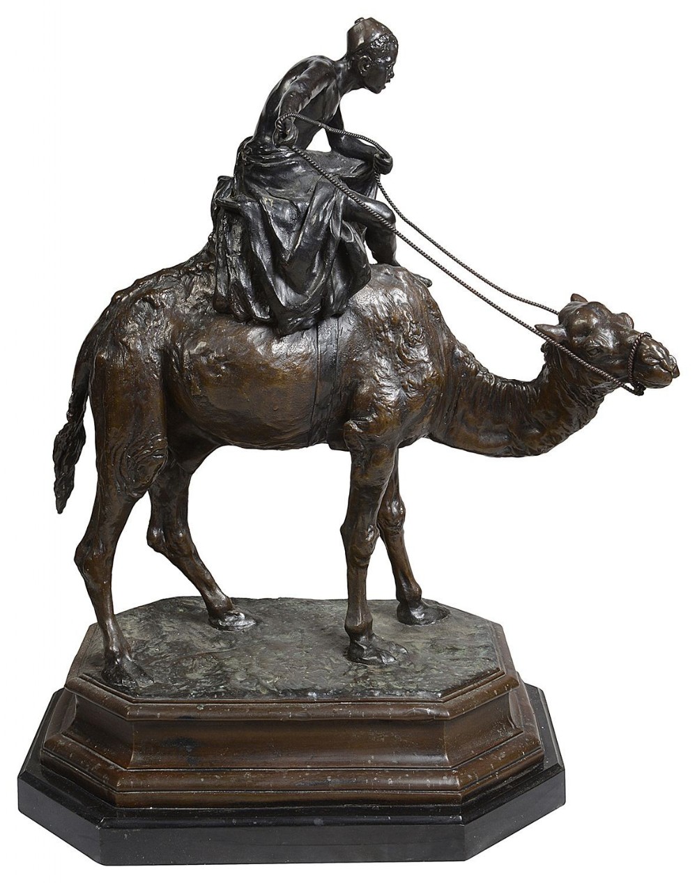 A 19th-century dark bronze sculpture depicting a figure in robes seated atop a camel on an octagonal tiered base.