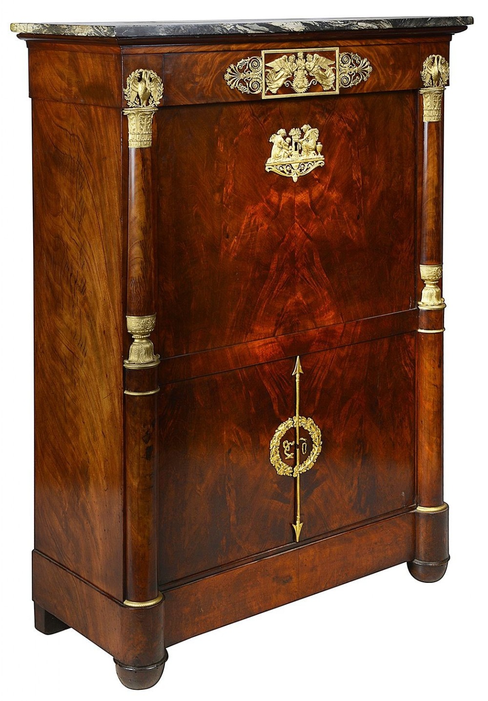 A French Empire style flame mahogany secretaire abattant featuring ornate gilt bronze mounts, flanking full columns, and a dark marble top.