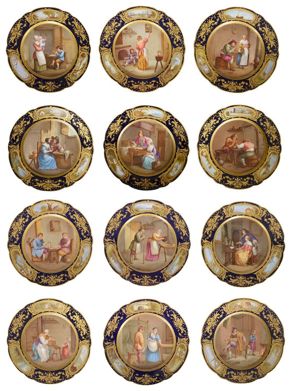 A set of twelve circular porcelain cabinet plates featuring hand-painted genre scenes surrounded by dark blue borders decorated with intricate gold scrollwork.