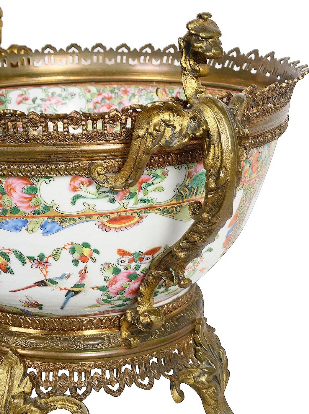 A nineteenth-century Cantonese Rose Medallion porcelain bowl held within ornate gilt-bronze ormolu mounts featuring mythical beast handles and a pierced base. View IV