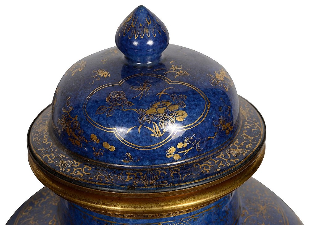 A pair of 19th-century powder blue porcelain baluster vases with gilt floral panels, domed covers, and decorative ormolu bases. View III