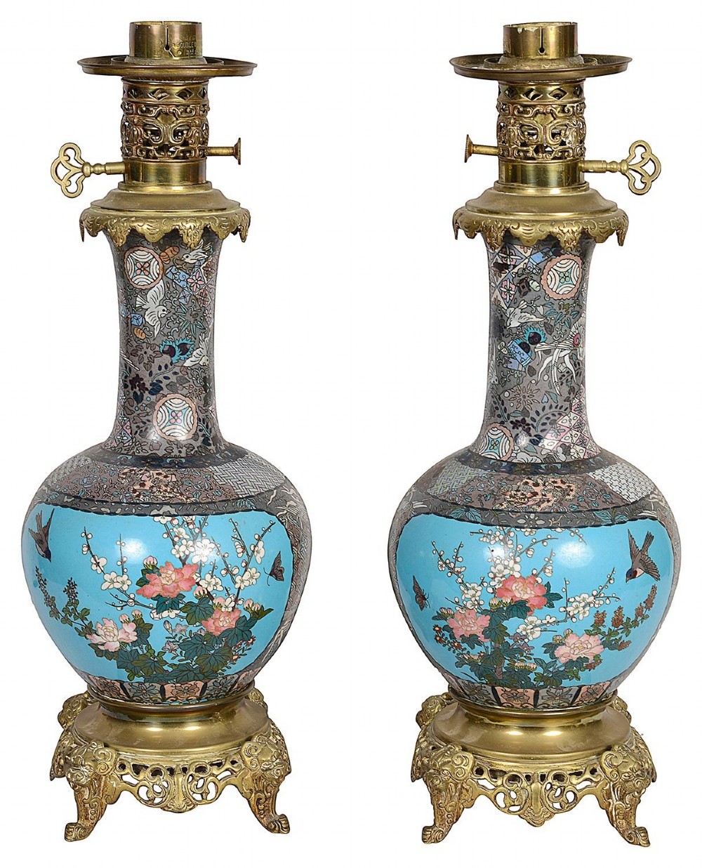 A pair of late nineteenth-century Japanese cloisonne table lamps with turquoise enamel floral bases, brass mounts, and cream pleated lampshades. View VI