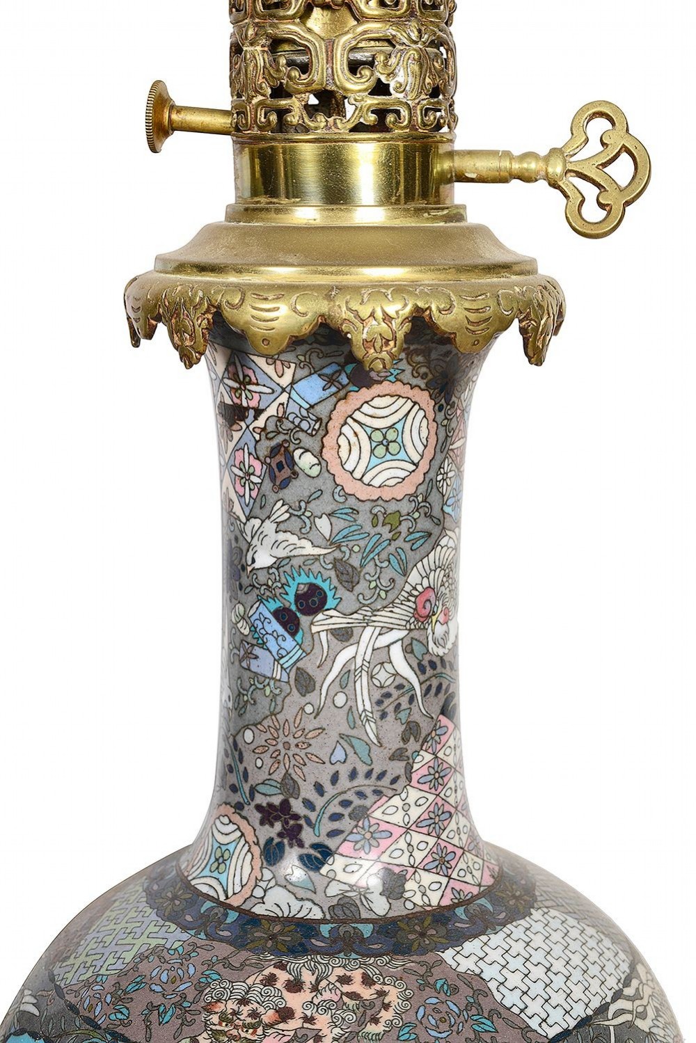 A pair of late nineteenth-century Japanese cloisonne table lamps with turquoise enamel floral bases, brass mounts, and cream pleated lampshades. View VIII