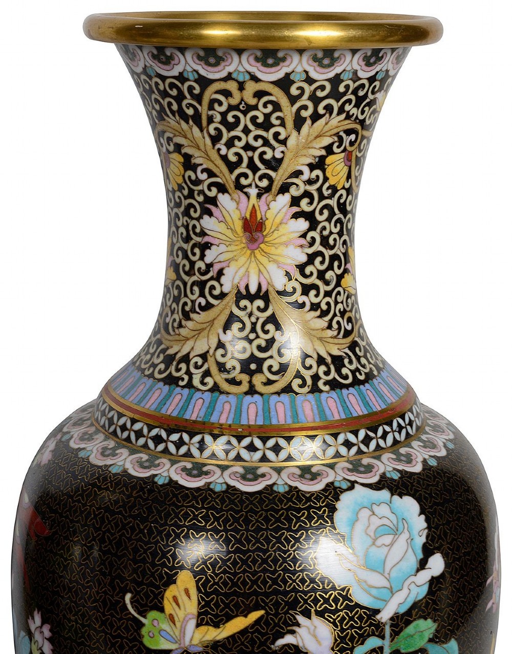 A matching pair of Chinese cloisonne vase table lamps featuring black enamel decorated with colourful floral motifs and butterflies, topped with cream off-white shades. View VI