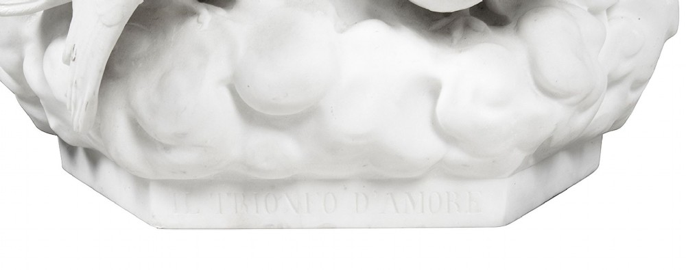 A 19th-century white carved marble sculpture depicting a child figure standing on a shell-shaped chariot pulled by a bird over clouds. View VIII