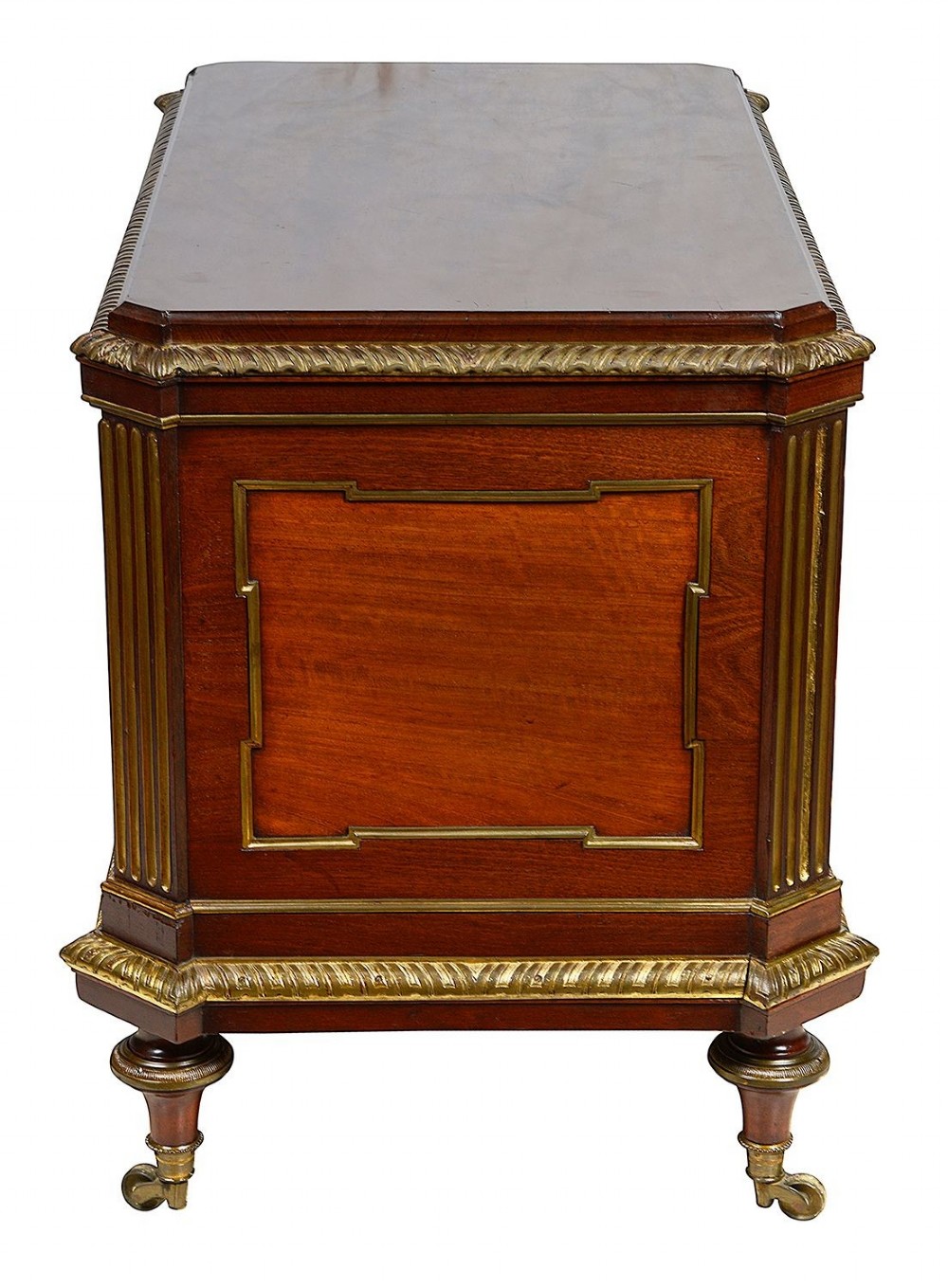 A rectangular French Louis XVI style mahogany cellarette featuring fluted corner columns, ornate brass egg-and-dart moulding, and tapered turned legs with castors. View III