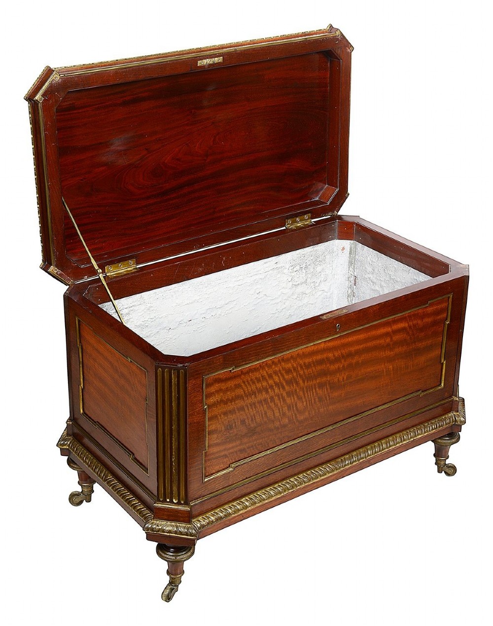 A rectangular French Louis XVI style mahogany cellarette featuring fluted corner columns, ornate brass egg-and-dart moulding, and tapered turned legs with castors. View VIII