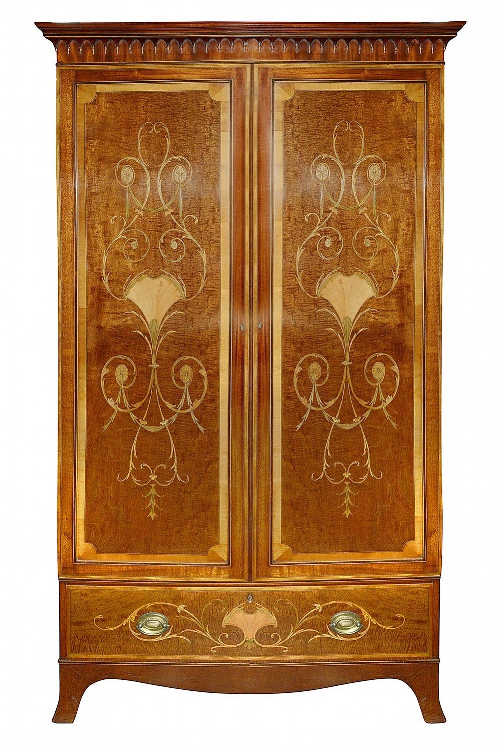 An Edwardian mahogany two door wardrobe featuring intricate neoclassical satinwood inlay on the door panels and lower drawer.