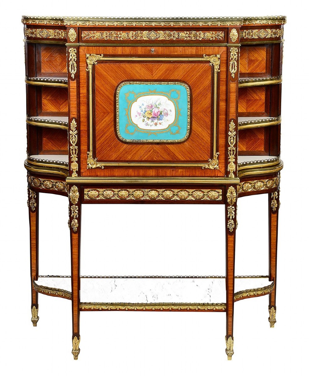 A Louis XVI style secretaire abattant featuring fine wood parquetry, elaborate gilt-bronze ormolu mounts, side display shelves, and a central turquoise porcelain floral plaque.