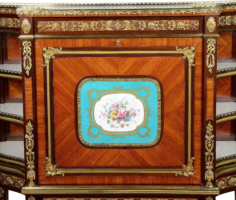 A Louis XVI style secretaire abattant featuring fine wood parquetry, elaborate gilt-bronze ormolu mounts, side display shelves, and a central turquoise porcelain floral plaque. View III