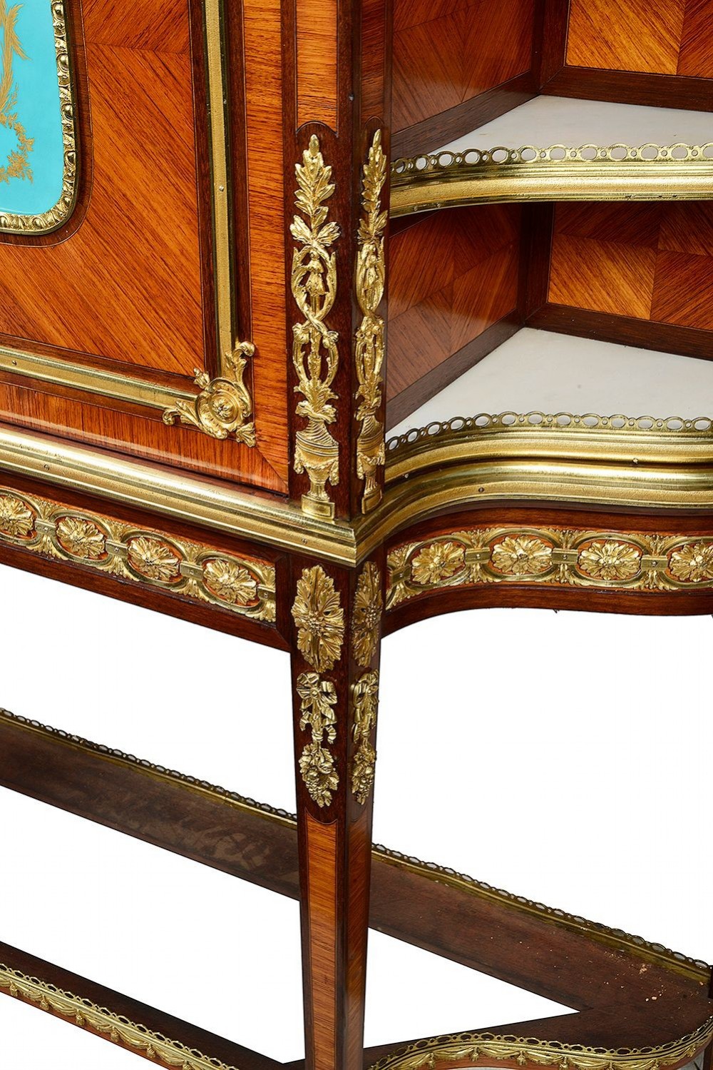 A Louis XVI style secretaire abattant featuring fine wood parquetry, elaborate gilt-bronze ormolu mounts, side display shelves, and a central turquoise porcelain floral plaque. View IV