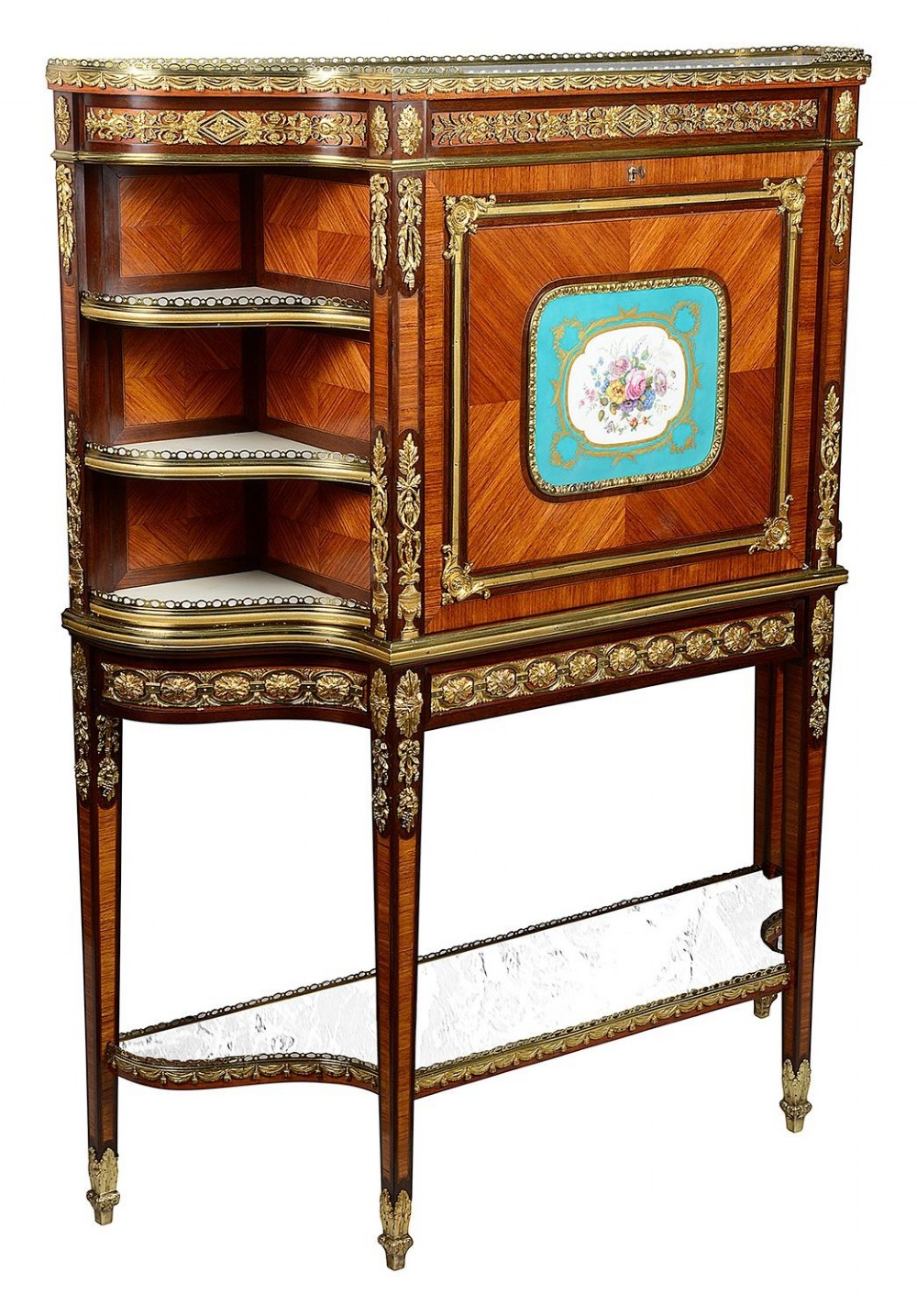 A Louis XVI style secretaire abattant featuring fine wood parquetry, elaborate gilt-bronze ormolu mounts, side display shelves, and a central turquoise porcelain floral plaque. View VII