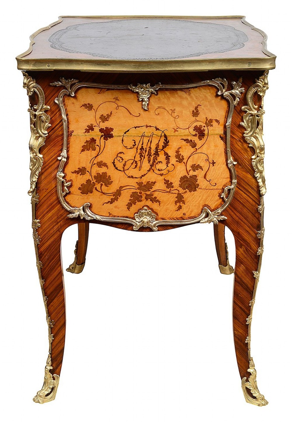 A 19th-century French Rococo Revival marquetry bureau de dame featuring floral timber inlays, serpentine edges, leather inset top, and gilt-bronze mounts on cabriole legs. View V