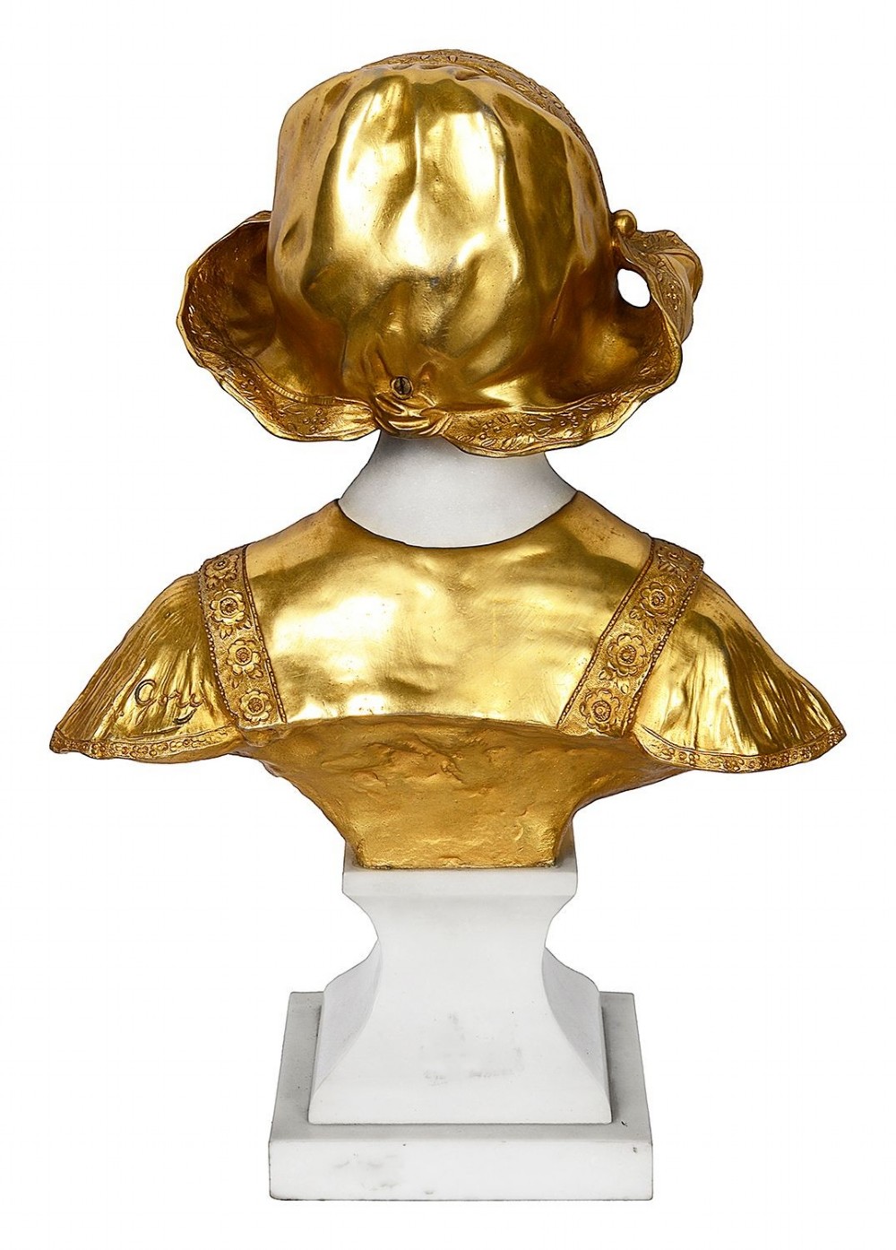 A nineteenth-century carved white marble bust of a young Dutch girl featuring an ornate gilded bonnet and lace collar, raised on a square marble plinth. View IV