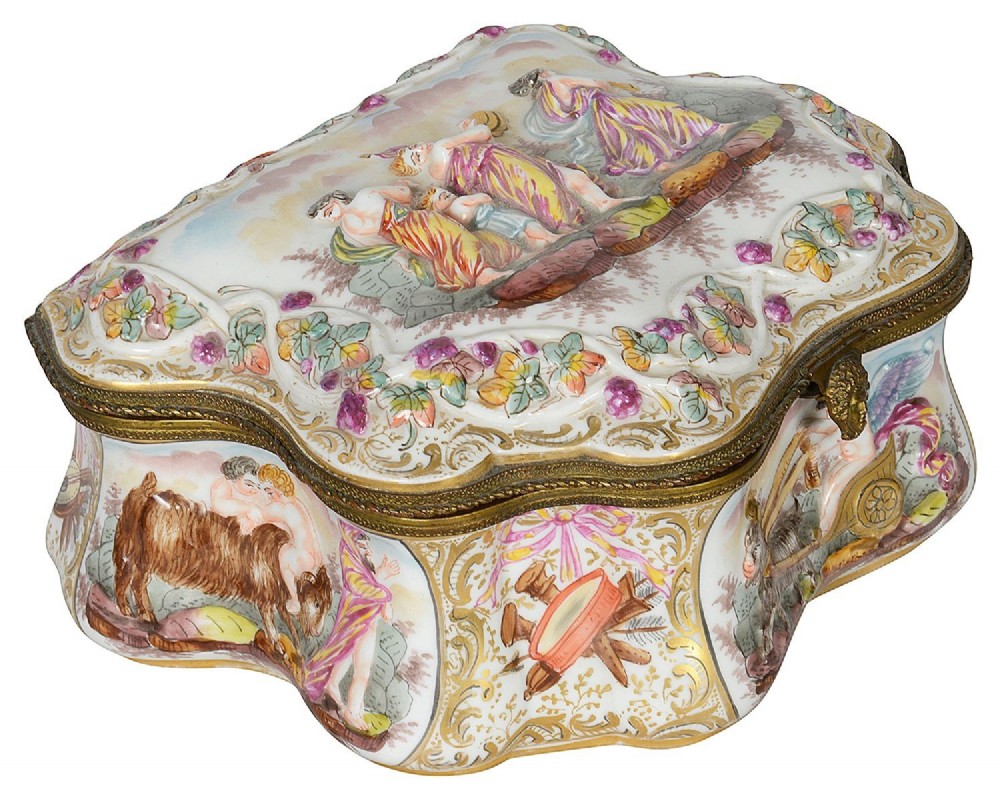A late nineteenth-century serpentine-shaped hand-painted porcelain jewellery casket featuring relief-moulded classical figures and gilt brass mounts.
