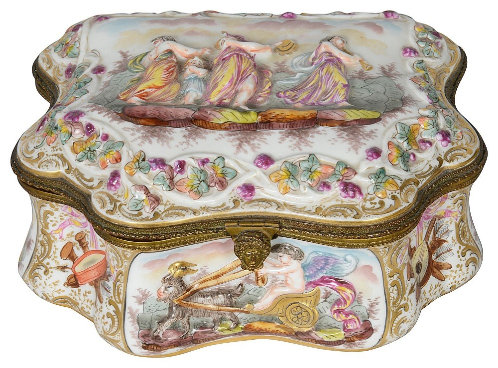 A late nineteenth-century serpentine-shaped hand-painted porcelain jewellery casket featuring relief-moulded classical figures and gilt brass mounts. View II