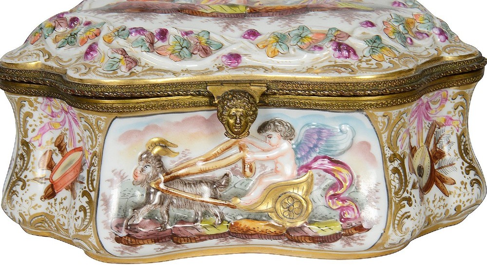 A late nineteenth-century serpentine-shaped hand-painted porcelain jewellery casket featuring relief-moulded classical figures and gilt brass mounts. View III