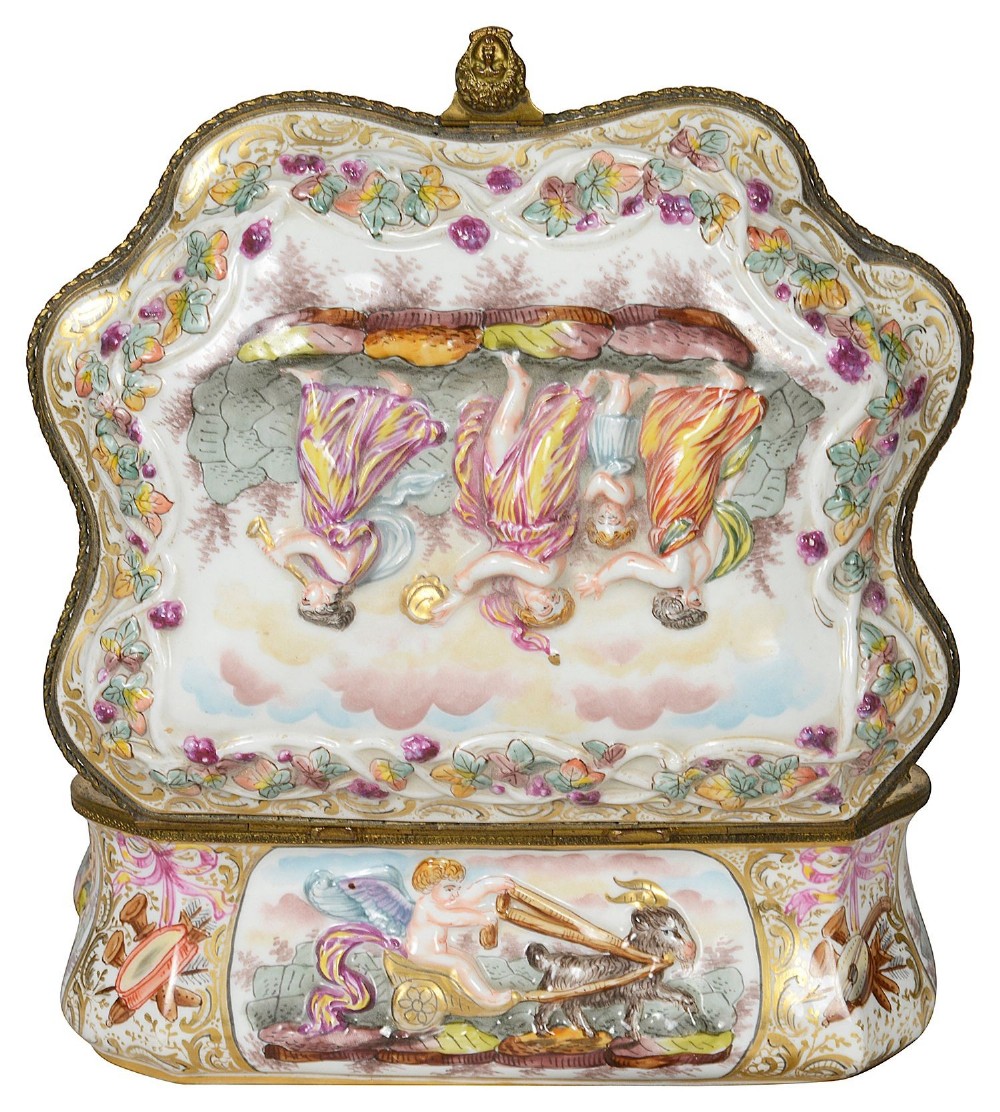 A late nineteenth-century serpentine-shaped hand-painted porcelain jewellery casket featuring relief-moulded classical figures and gilt brass mounts. View V