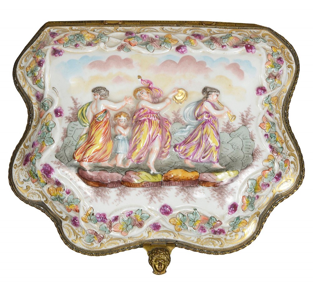A late nineteenth-century serpentine-shaped hand-painted porcelain jewellery casket featuring relief-moulded classical figures and gilt brass mounts. View VI