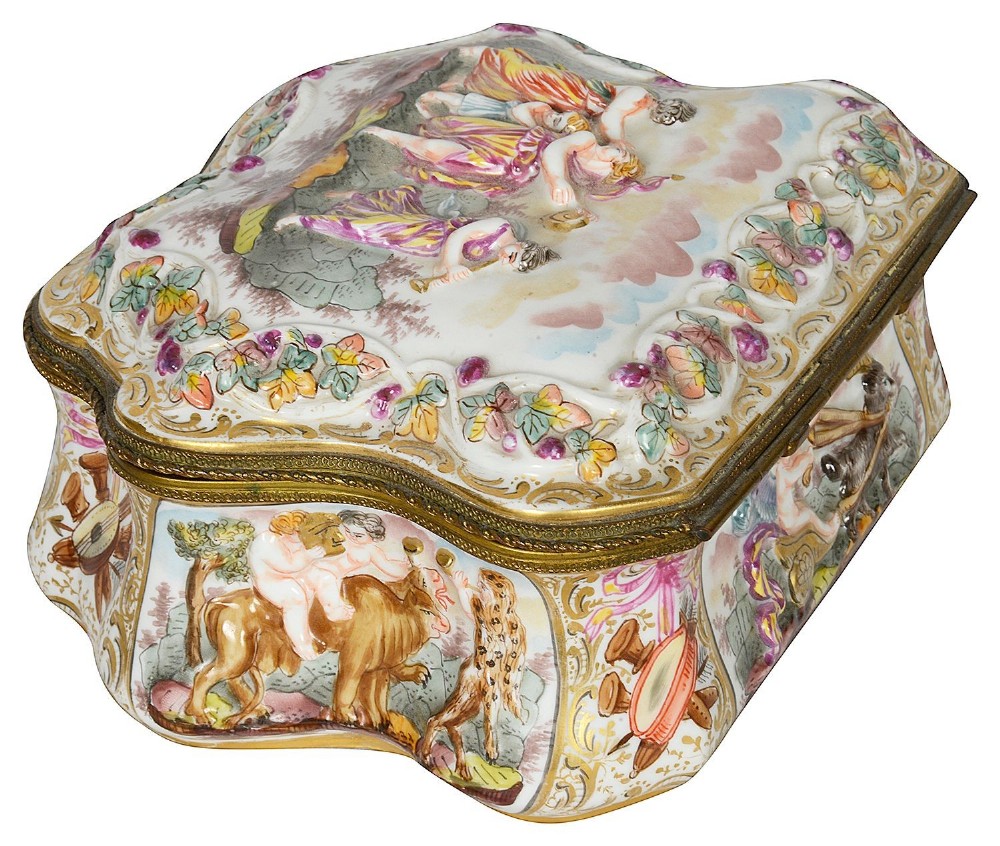 A late nineteenth-century serpentine-shaped hand-painted porcelain jewellery casket featuring relief-moulded classical figures and gilt brass mounts. View VII